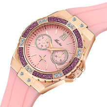 Load image into Gallery viewer, MISSFOX Women's Watches Chronograph Rose Gold Sport Watch Ladies Diamond Blue Rubber Band Xfcs Guessing Female Quartz Wristwatch